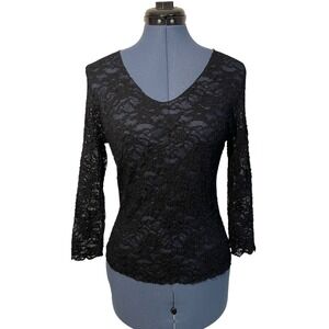 Vtg Surrealist Black Lace Sheer Long Sleeve V Neck Top Whimsigoth Coquette Y2K M